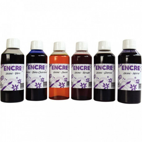 LOT DE 6 FLACONS 250 ML D'ENCRES À DESSINER, COLORIS ASSORTIS