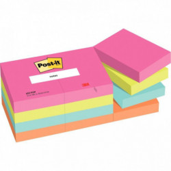 POST-IT® Notes Post-it Recyclées Nature. 38 x 51 mm. 16 blocs, 100 F. Ass :  vert, rose, bleu, jaune.