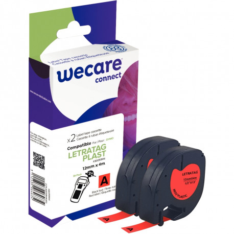 PACK DE 2 LETRATAG PLASTIQUE NOIR SUR ROUGE 12 MM X 4 M COMPATIBLE
