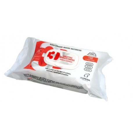 LINGETTE DESINFECTANTE SURFACES /MATERIEL ET MAIN 18X20CM PQT100 BACTERICIDE FONGICIDE LEVURICIDE VIRUCIDE 