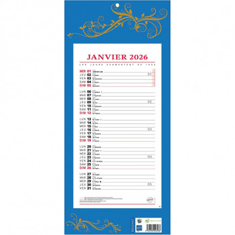 CALENDRIER MENSUEL 12 FEUILLES STANDARD 19x42cm
