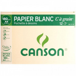 POCHETTE 12 FEUILLES À DESSIN C À GRAIN 180 G, FORMAT 21X29,7 CM. BLANC