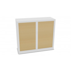 ARMOIRE À RIDEAUX MONOBLOC BASSE NF H105 L120 P43 CM CORPS BLANC/RIDEAUX CHÊNE CLAIR GAR 5 ANS