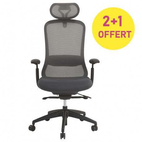 PACK 2+1 OFFERT FAUTEUIL MORY SYNCHRONE ASSISE MÉMOIRE DE FORME DOS FILET GRIS TETERE - SOUTIEN LOMBAIRE REGLABLE ACCOUD. 4D