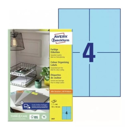 ÉTIQUETTE UNIVERSELLE SANS BORD 105X148 BLEU PQTX400 ETIQ SUR 100F A4 P/JE, LASER, LASER COUL ET PHOTOCOPIEUSE