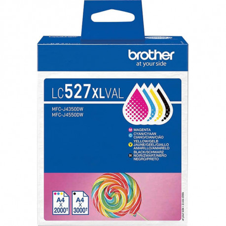 BROTHER SUCETTE  LOT 4 CARTOUCHES ENCRE NOIRE, CYAN, MAGENTA, JAUNE AUTHENTIQUE LC527XLVAL