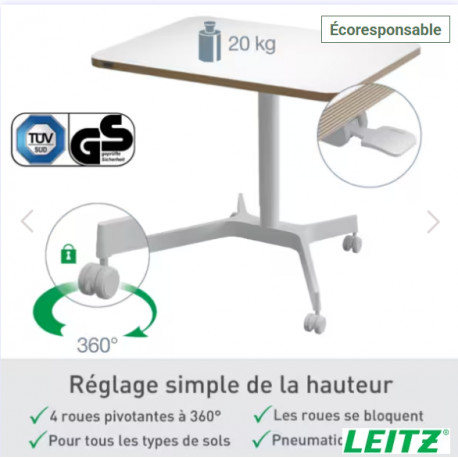 BUREAU REGLABLE PNEUMATIQUE DE 74 A 114CM  80X60CM EP25MMA ROULETTES  ASSIS/DEBOUT  ERGO GRIS CLAIR LEITZ RECYCLABLE FSC 