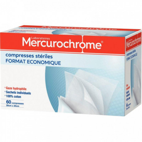 COMPRESSES STÉRILES 20X20CM BTE60 MERCUROCHROME FAB France 
