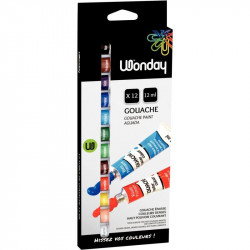 PEINTURE GOUACHE BTE12 TUBES 12ML  ASS WONDAY A BASE D 'EAU SANS SOLVANT