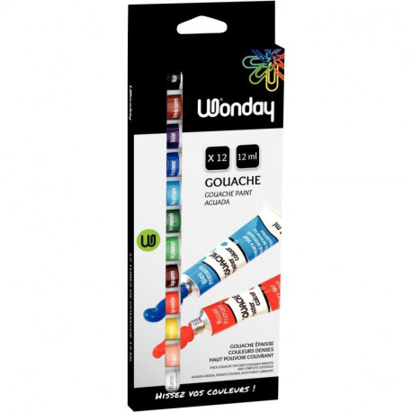PEINTURE GOUACHE BTE12 TUBES 12ML  ASS WONDAY A BASE D 'EAU SANS SOLVANT